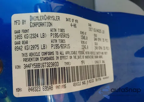 2006 Chrysler Pt Cruiser Touring from USA, damaged, VIN 3A4FY58B16T323033